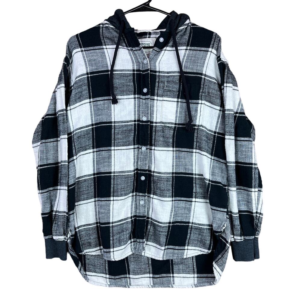 American Eagle Womens Flannel Shirt Black White Plaid Hooded Button Up Small